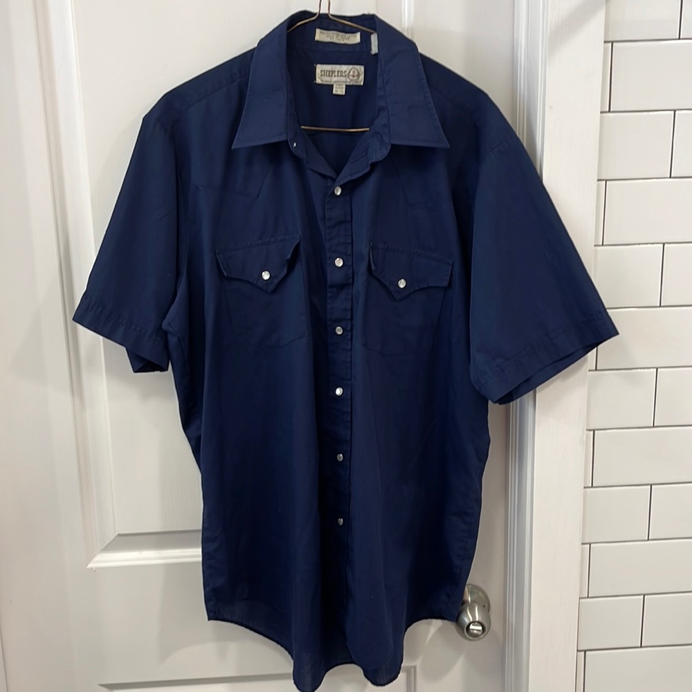 Sheplers Vintage Men’s Western Shirt 16.5 Navy Blue Short Sleeve Pearl Snap’s